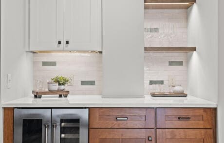 17pa Kitchen Floating Shelves And Wine Cooler Straight On Vertical